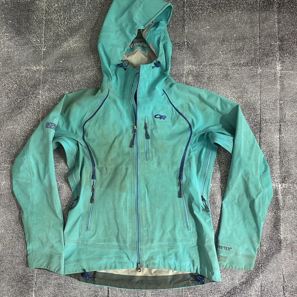 Women's Outdoor Research Gore Tex Teal Blue Hooded Revelation Rain Jacket Sz M